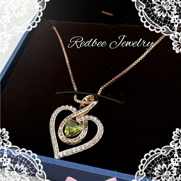 NIB Redbee 18k GP, rose gold over s925 "peridot" cz heart necklace! - Picture 1 of 13